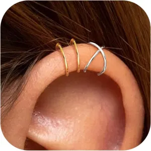 Milacolato 4Pcs 925 Sterling Silver Ear Cuffs: Adjustable Non Piercing Cuff Earrings Minimalist Fake Helix Cartilage Earcuff, Dainty Clip-on Earrings Hypoallergenic with 14K Gold Plating for Women Men