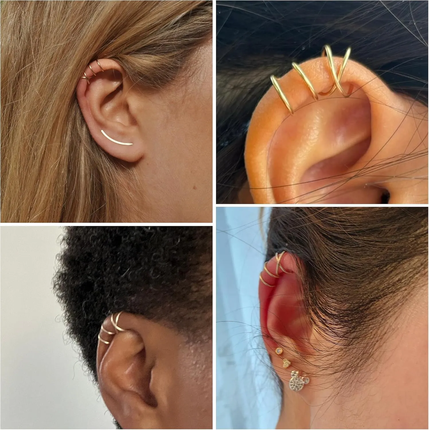 Milacolato 4Pcs 925 Sterling Silver Ear Cuffs: Adjustable Non Piercing Cuff Earrings Minimalist Fake Helix Cartilage Earcuff, Dainty Clip-on Earrings Hypoallergenic with 14K Gold Plating for Women Men