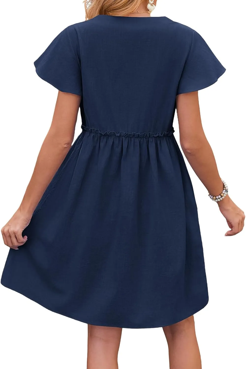 Mini Dresses for Women V Neck Ruffle Waist Pleated Hem Dress Short Sleeve Button Down Sundress Summer Dress 2025