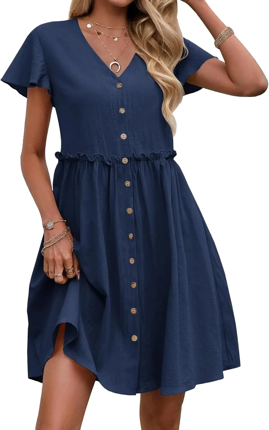 Mini Dresses for Women V Neck Ruffle Waist Pleated Hem Dress Short Sleeve Button Down Sundress Summer Dress 2025