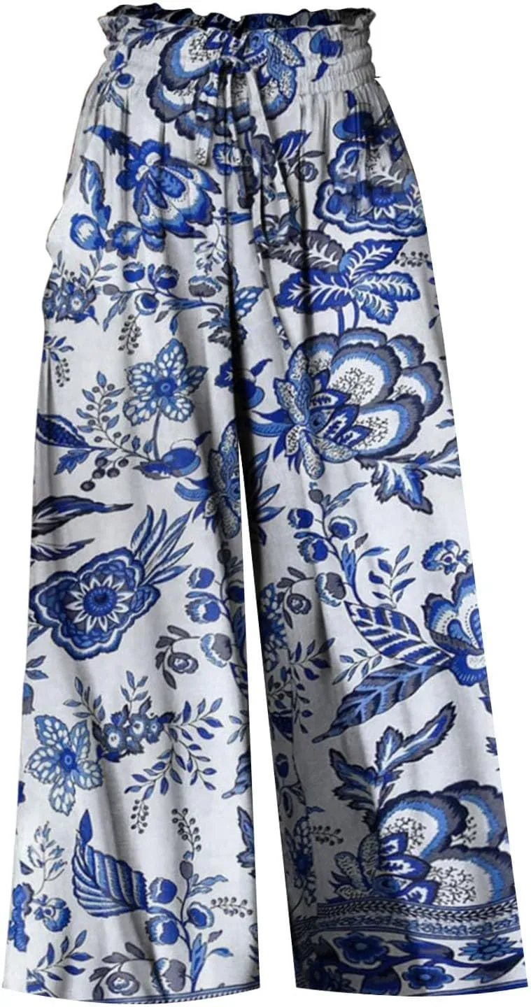 Miyaomn Womens Casual Elastic Waist Wide Leg Pants 2024 Summer Floral Solid Flowy Pockets Palazzo Pants Lounge Beach Trousers
