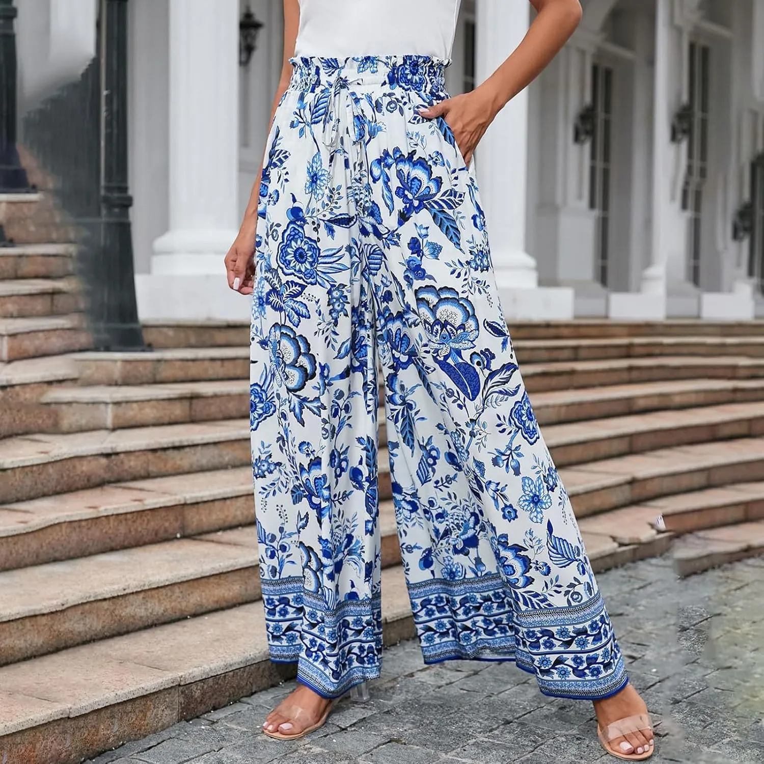 Miyaomn Womens Casual Elastic Waist Wide Leg Pants 2024 Summer Floral Solid Flowy Pockets Palazzo Pants Lounge Beach Trousers