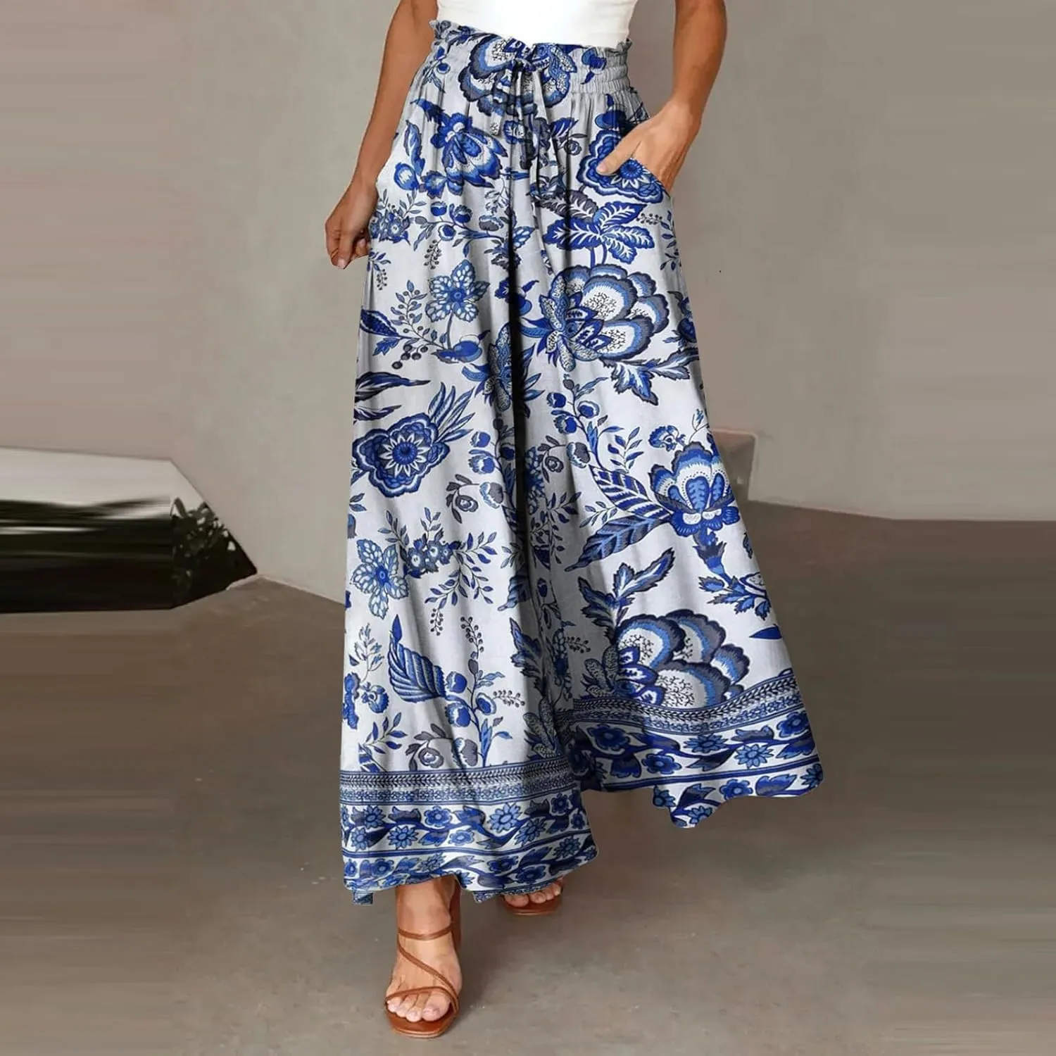 Miyaomn Womens Casual Elastic Waist Wide Leg Pants 2024 Summer Floral Solid Flowy Pockets Palazzo Pants Lounge Beach Trousers