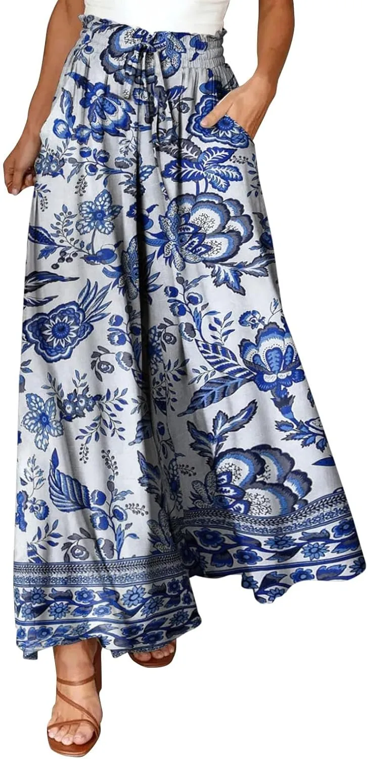Miyaomn Womens Casual Elastic Waist Wide Leg Pants 2024 Summer Floral Solid Flowy Pockets Palazzo Pants Lounge Beach Trousers