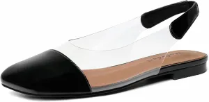 Mofirdast Clear Flats Sandals for Women Square Toe Slingback Flats with Transparent Ankle Strap for Work Weddings Parties