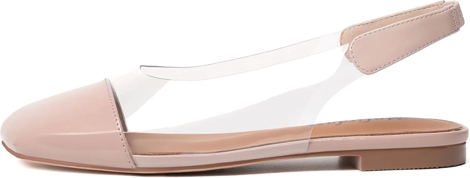 Mofirdast Clear Flats Sandals for Women Square Toe Slingback Flats with Transparent Ankle Strap for Work Weddings Parties