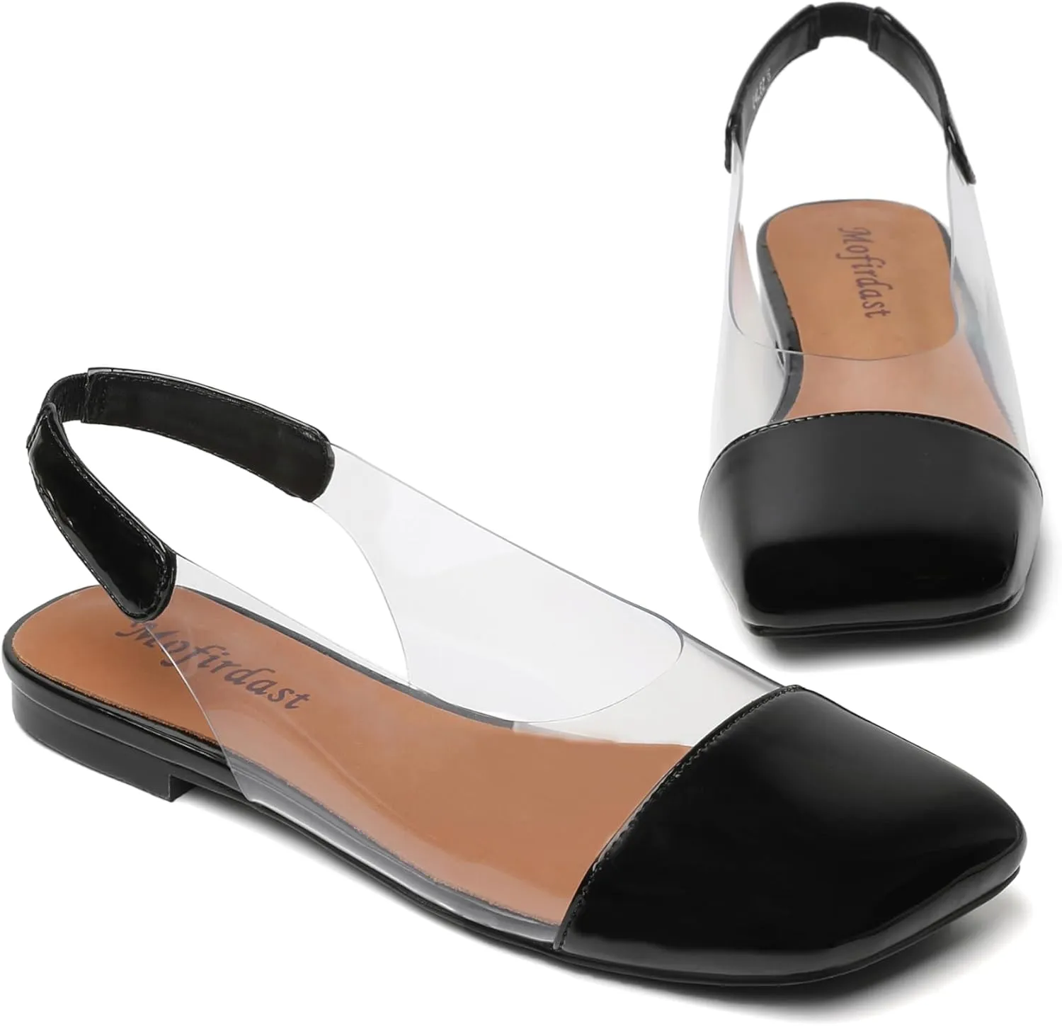 Mofirdast Clear Flats Sandals for Women Square Toe Slingback Flats with Transparent Ankle Strap for Work Weddings Parties