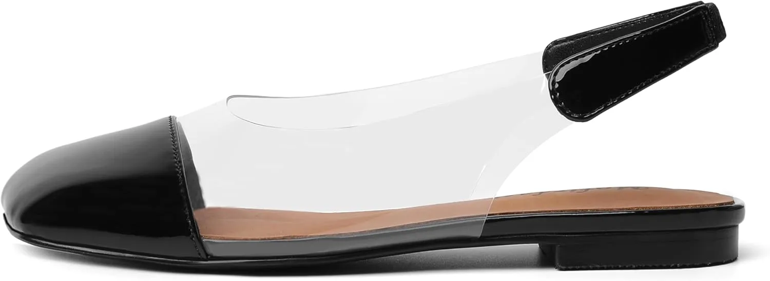 Mofirdast Clear Flats Sandals for Women Square Toe Slingback Flats with Transparent Ankle Strap for Work Weddings Parties