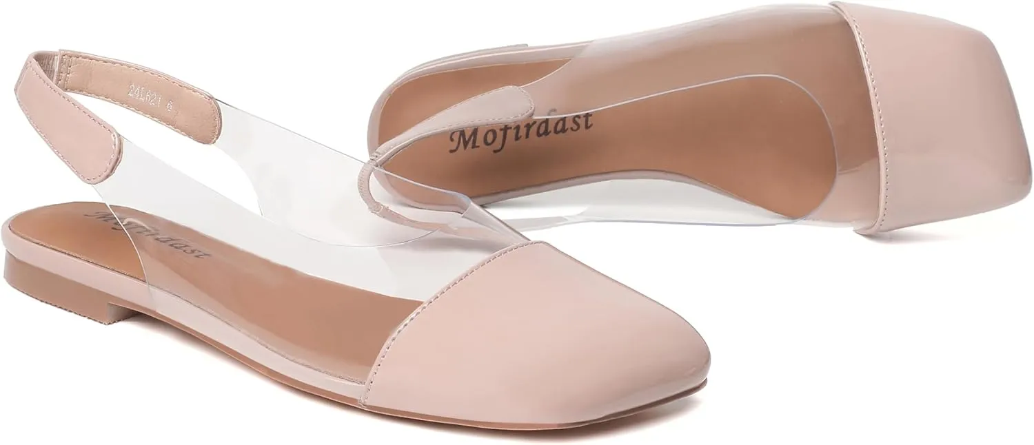 Mofirdast Clear Flats Sandals for Women Square Toe Slingback Flats with Transparent Ankle Strap for Work Weddings Parties