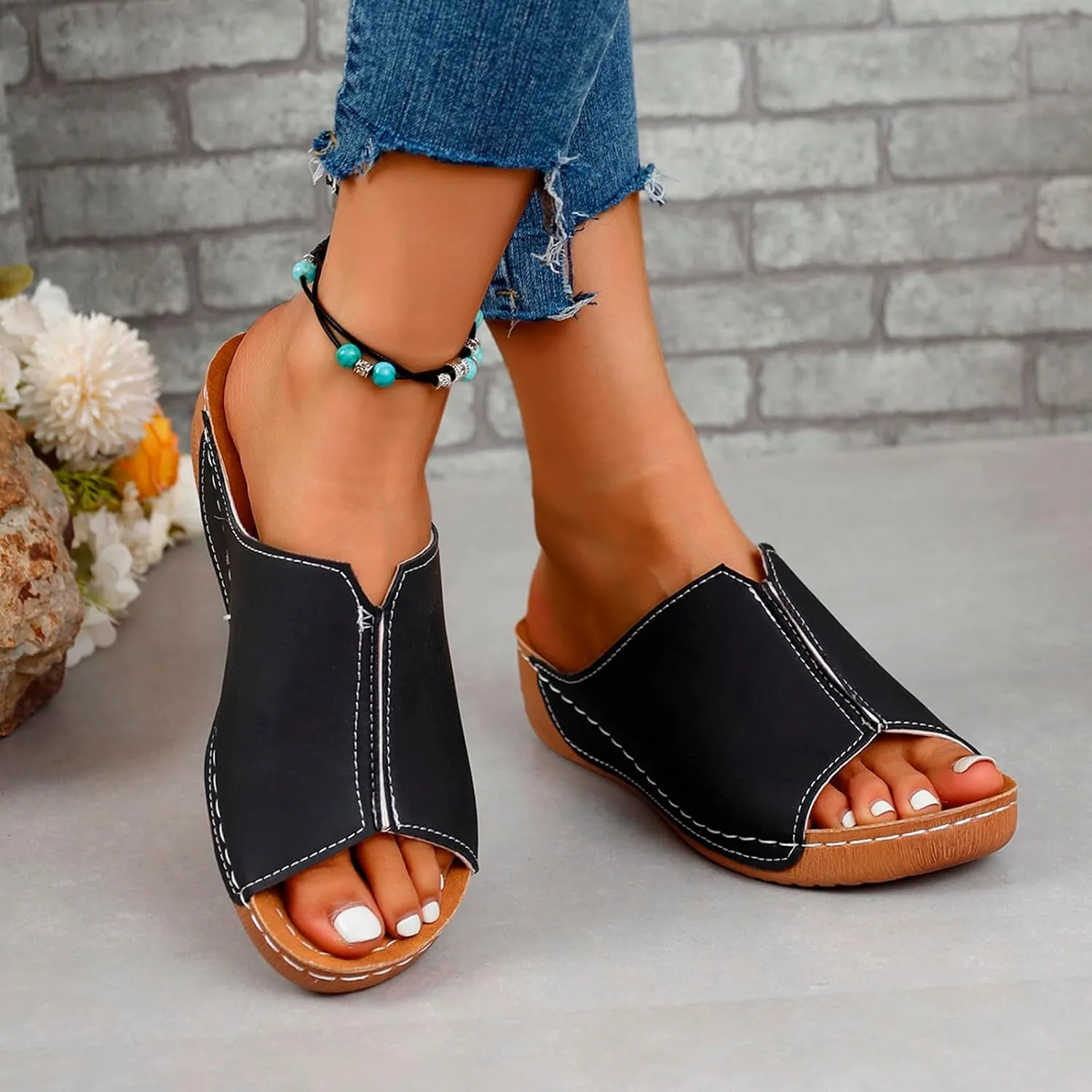 Orthopedic Sandals for Women Comfortable Dressy Casual Slides Wedge Slippers Open Toe Indoor Yoga Mat San