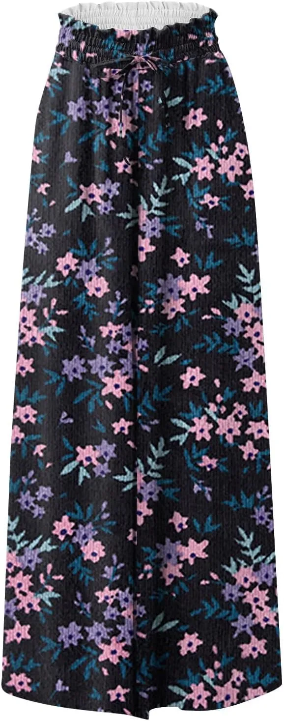 Palazzo Pants for Women Summer Boho Floral Wide Leg Pants High Waist Lounge Flowy Beach Vacation Trousers
