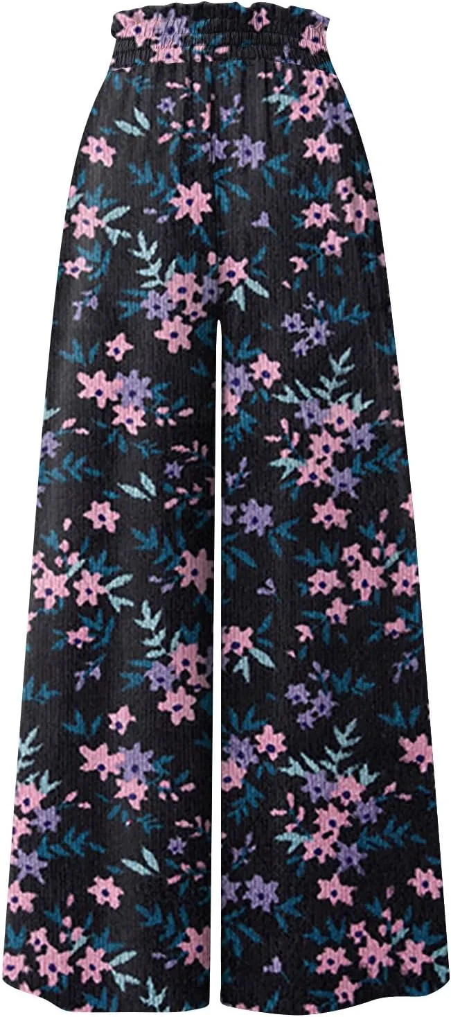Palazzo Pants for Women Summer Boho Floral Wide Leg Pants High Waist Lounge Flowy Beach Vacation Trousers