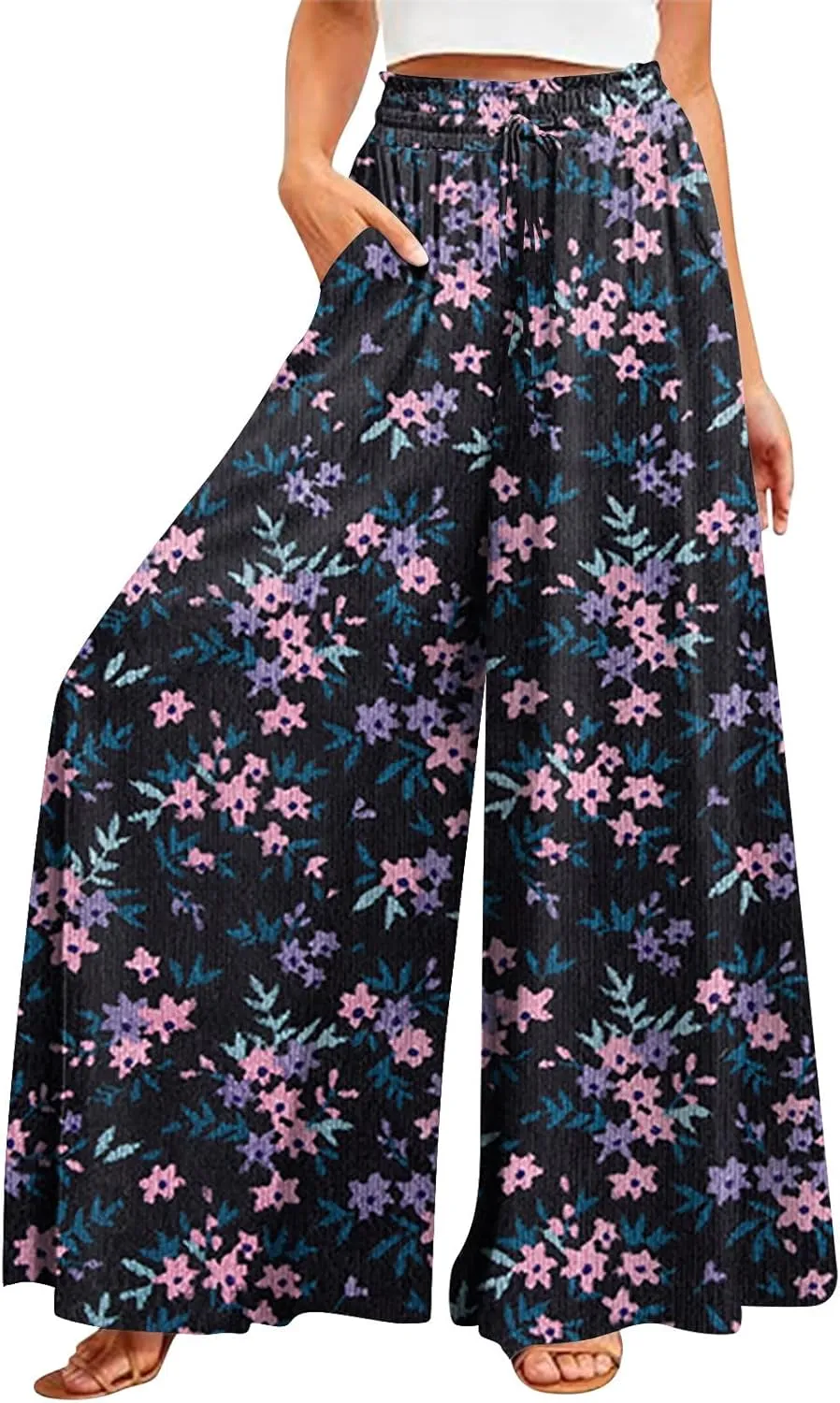 Palazzo Pants for Women Summer Boho Floral Wide Leg Pants High Waist Lounge Flowy Beach Vacation Trousers