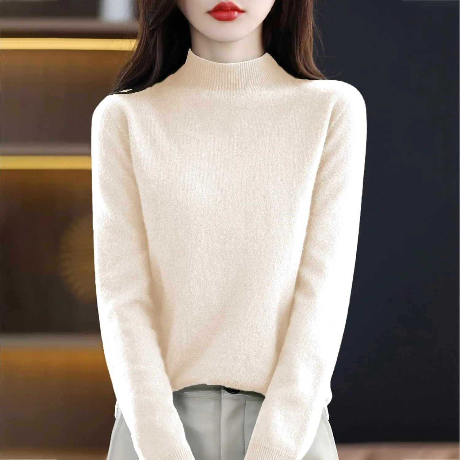 PETYCZEN Cashmere Sweaters for Women Casual Long Sleeve Mock Neck Sweater Cozy Warm Knit Sweater Jumpers Pullover Tops