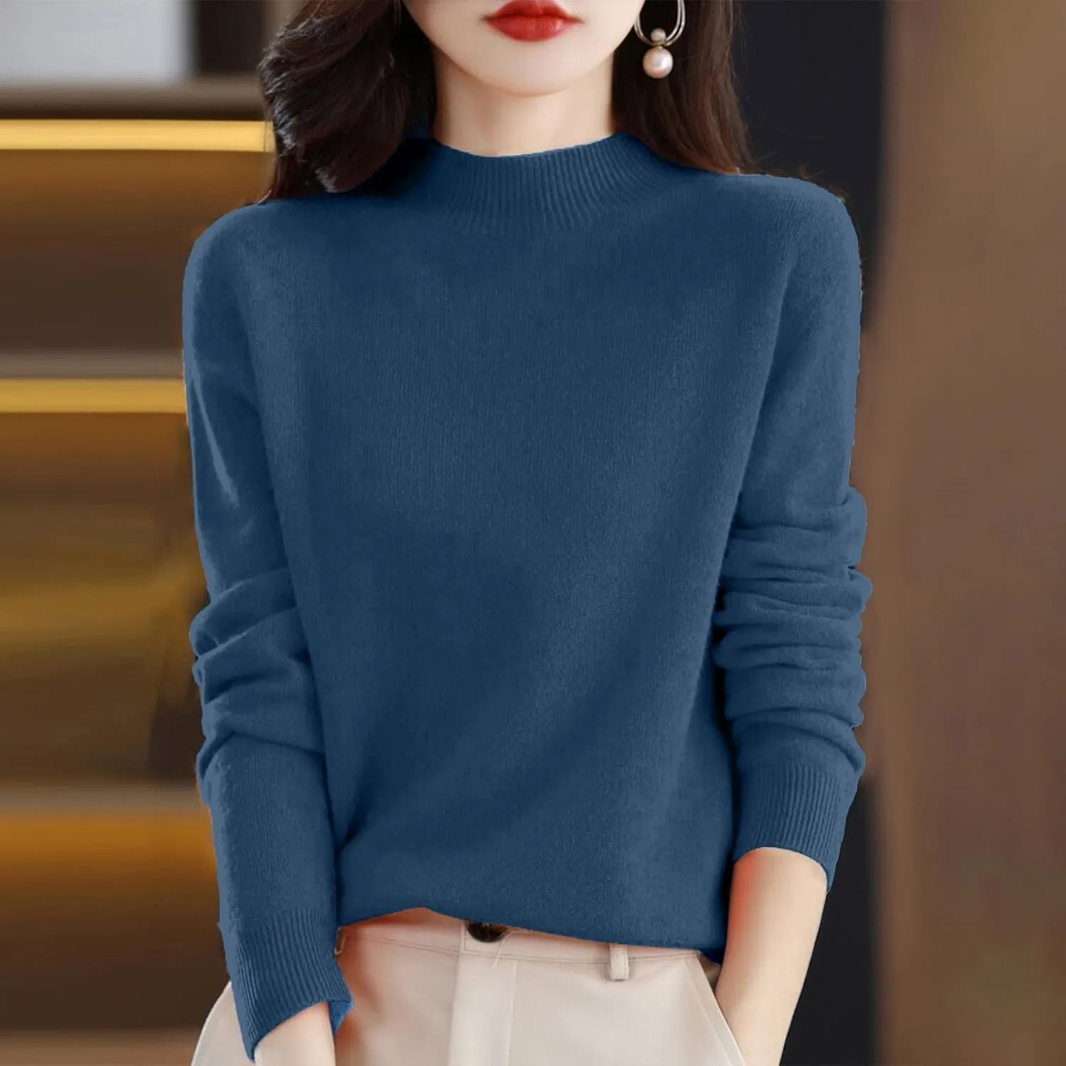 PETYCZEN Cashmere Sweaters for Women Casual Long Sleeve Mock Neck Sweater Cozy Warm Knit Sweater Jumpers Pullover Tops