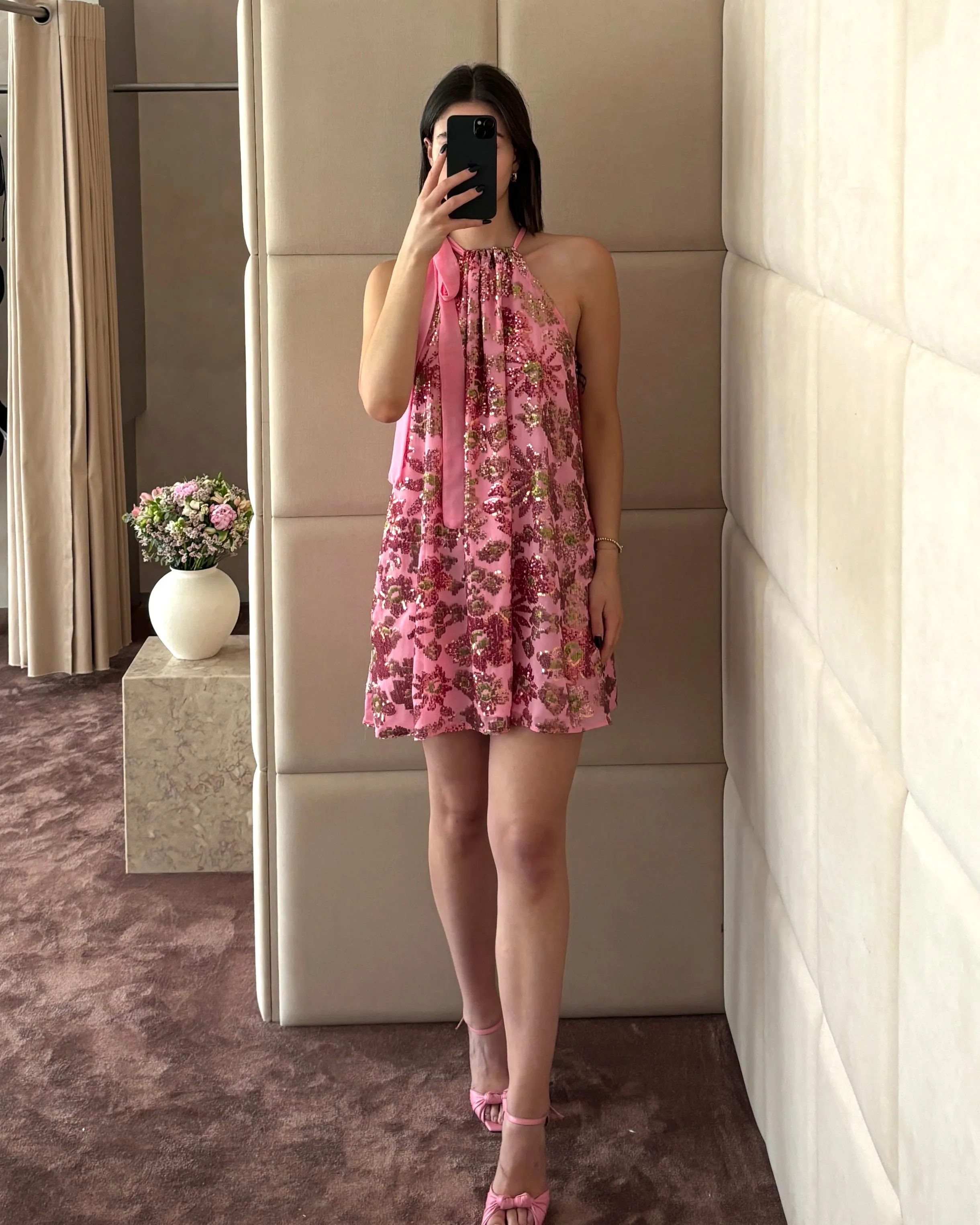 Pink Sequins High-Neck Mini Dress