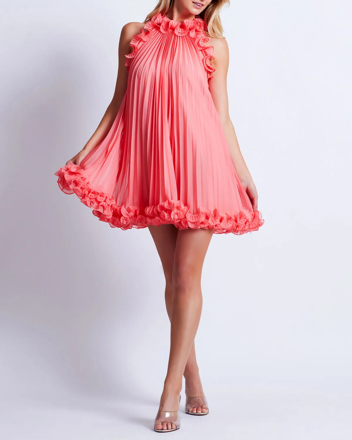 Pleated High Neck Mini Dress