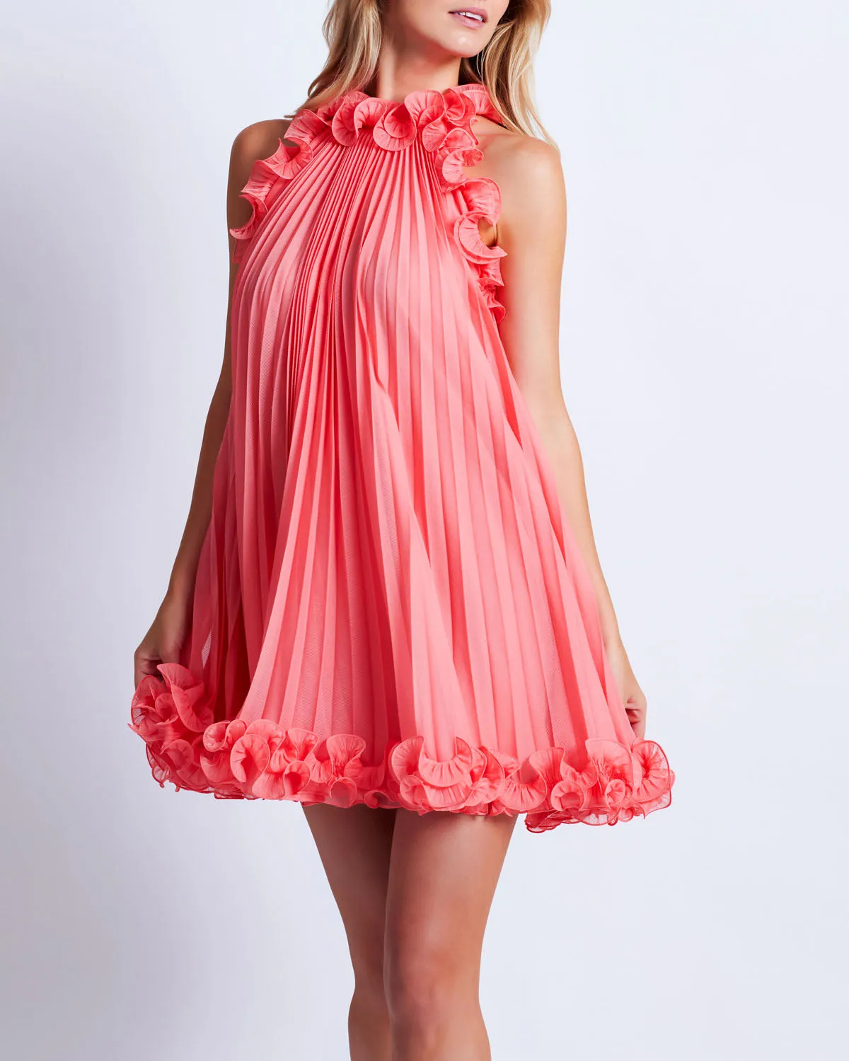 Pleated High Neck Mini Dress