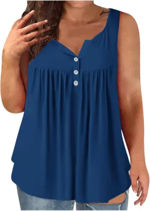 Plus Size Tank Tops for Women, Ladies Summer Sleeveless V-Neck Henley Shirts Buttons Up Pleated Front Flowy Tunics