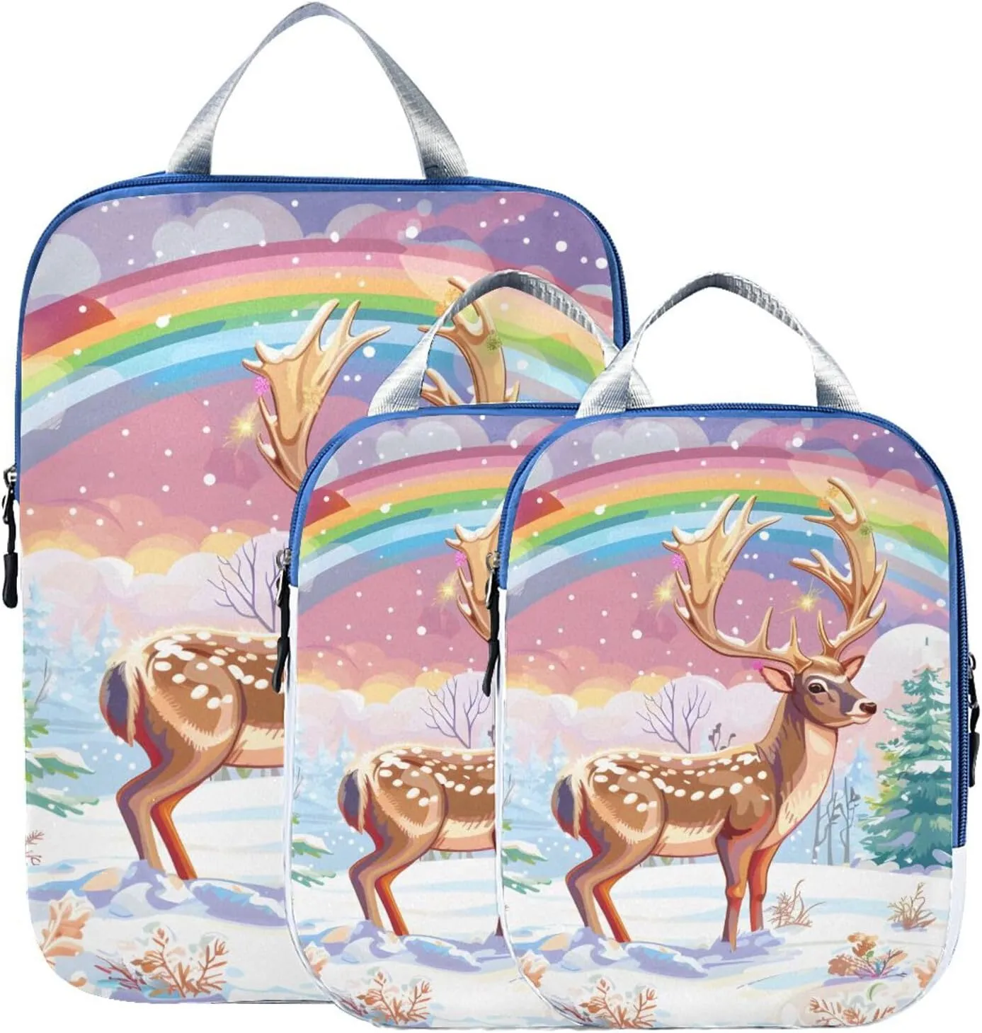 Reindeer Rainbow Compression Packing Cubes for Travel Packing Organizers Backpack 3 Pack Luggage Travel Essentials Carry Must Haves Waterproof Suitcase Storage Bags