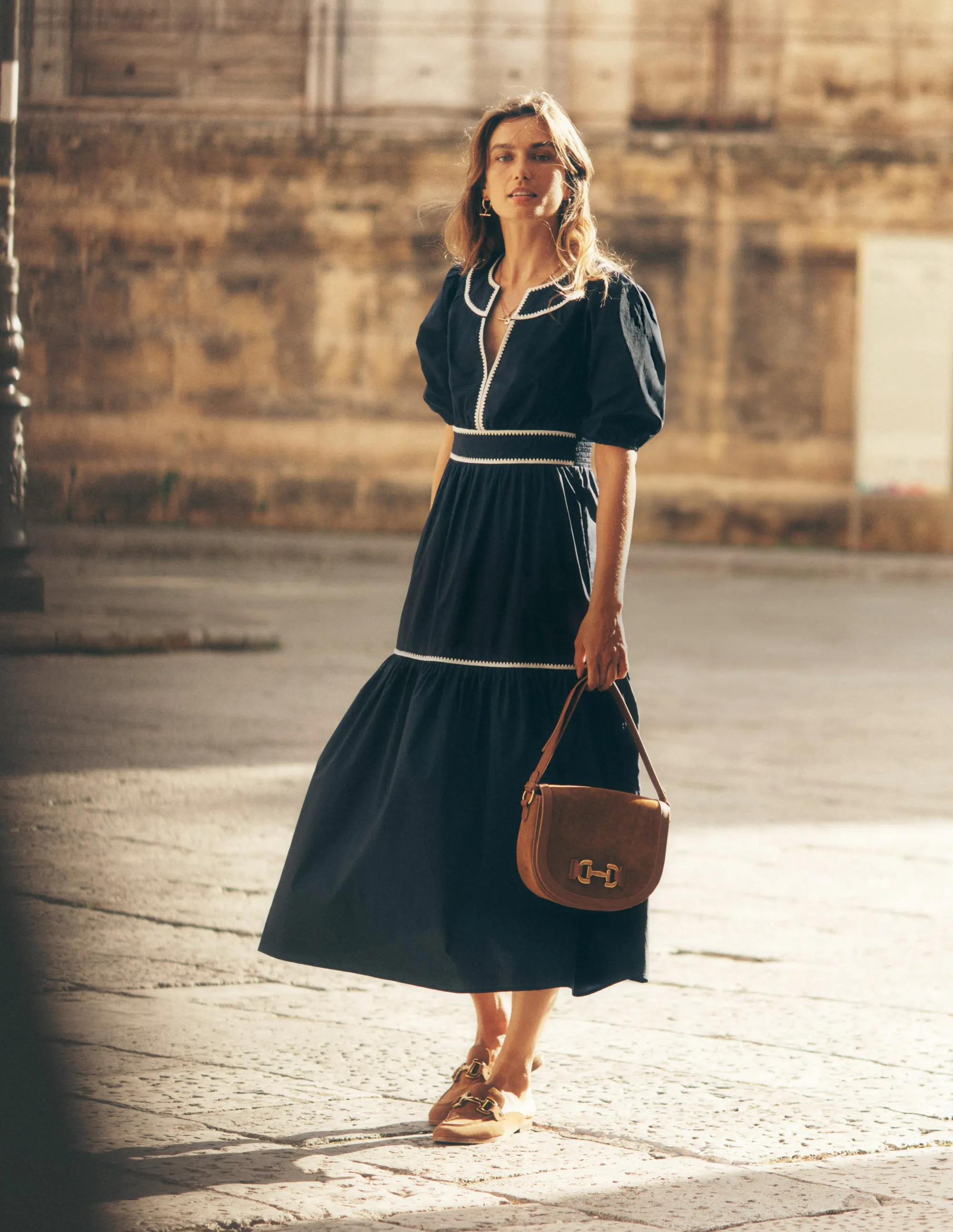 Rhea Embroidered Midi Dress-Navy