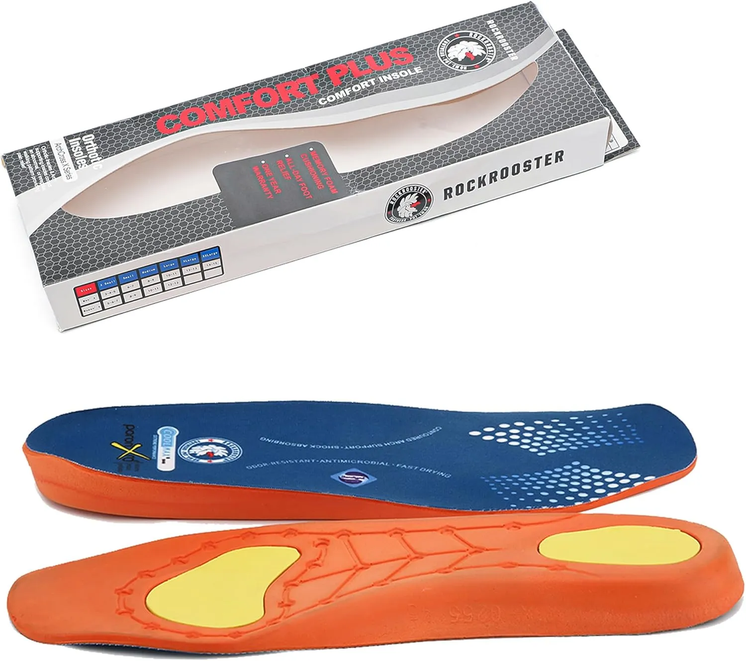 ROCKROOSTER Shock Absorbing Sport Athletic Insoles for Men & Women Shoe Inserts, Comfort, Arch Support, Fast Drying, Ideal for Sneakers Running Training Hiking Shoes & Boots, Pain Relief (RC920-XL)