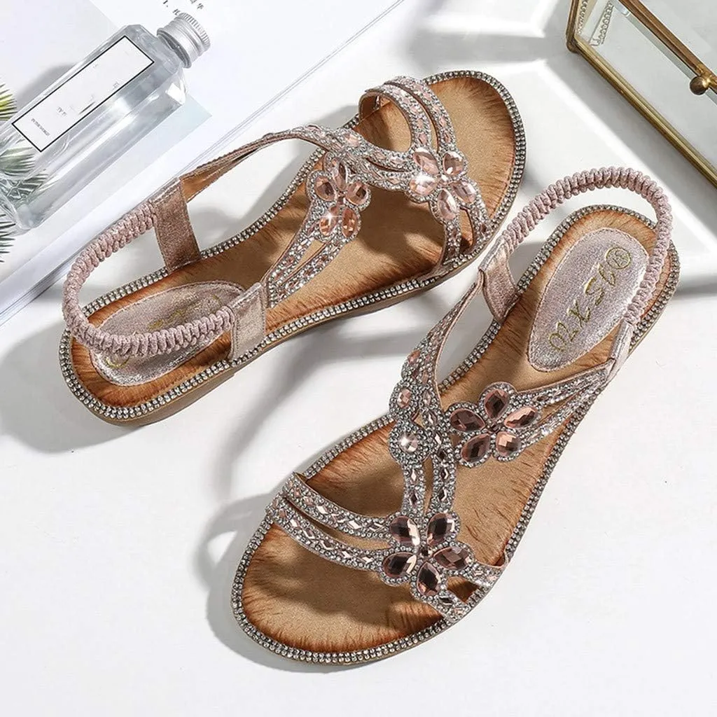Sandals Women Comfort Flat Heel Summer Sandal Open Toe Dress Sandals Elastic Ankle Strap Rhinestone Bohemian Sandals