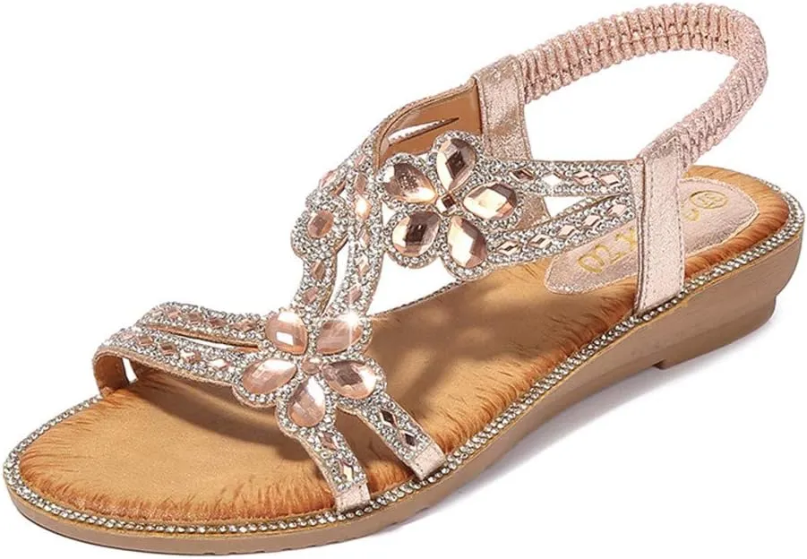 Sandals Women Comfort Flat Heel Summer Sandal Open Toe Dress Sandals Elastic Ankle Strap Rhinestone Bohemian Sandals