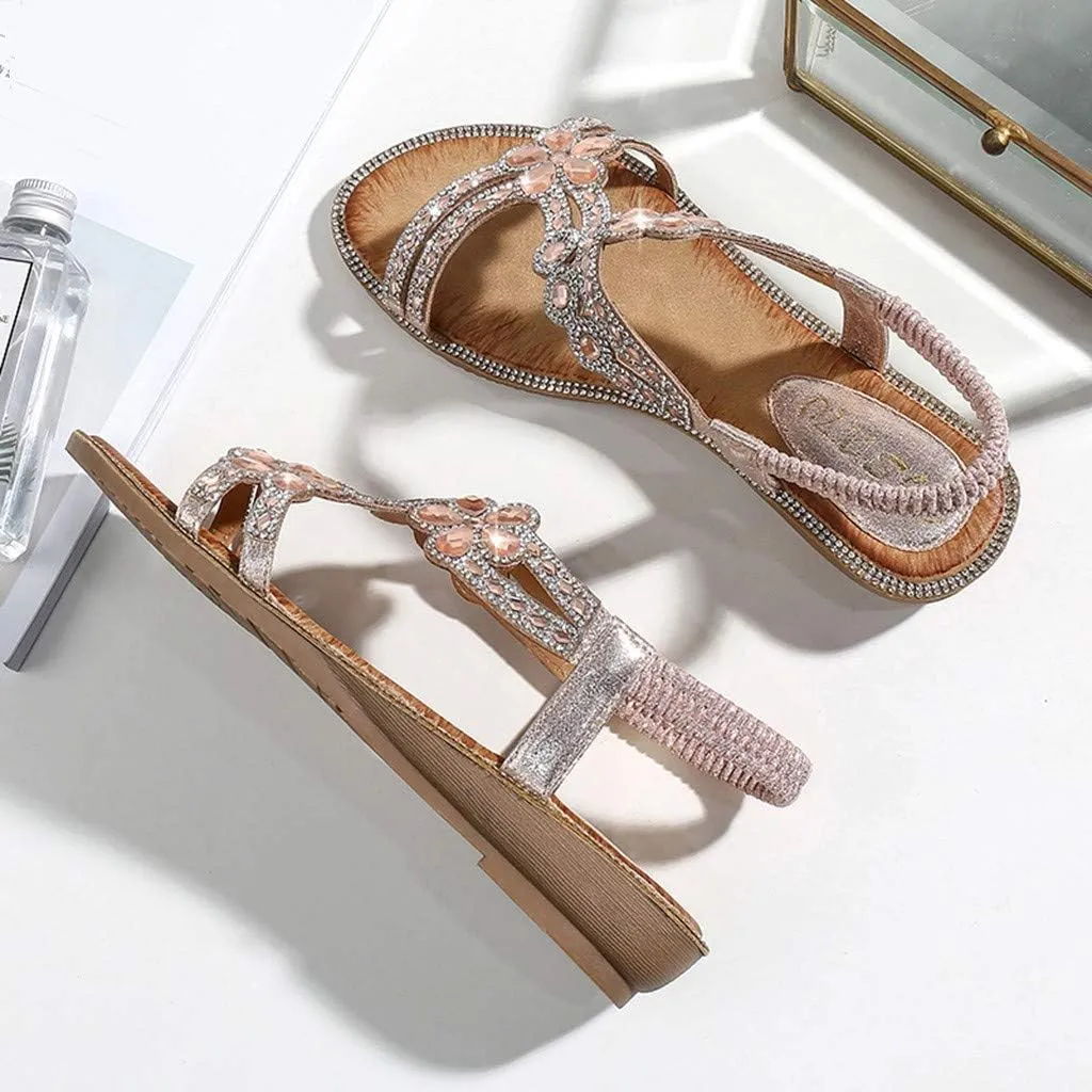 Sandals Women Comfort Flat Heel Summer Sandal Open Toe Dress Sandals Elastic Ankle Strap Rhinestone Bohemian Sandals
