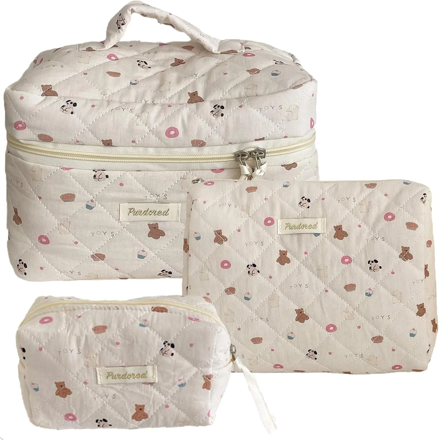 Set of 3 Floral Quilted Makeup Bags, Large, Medium & Small, Travel & Gift, Women's Cosmetic Bags