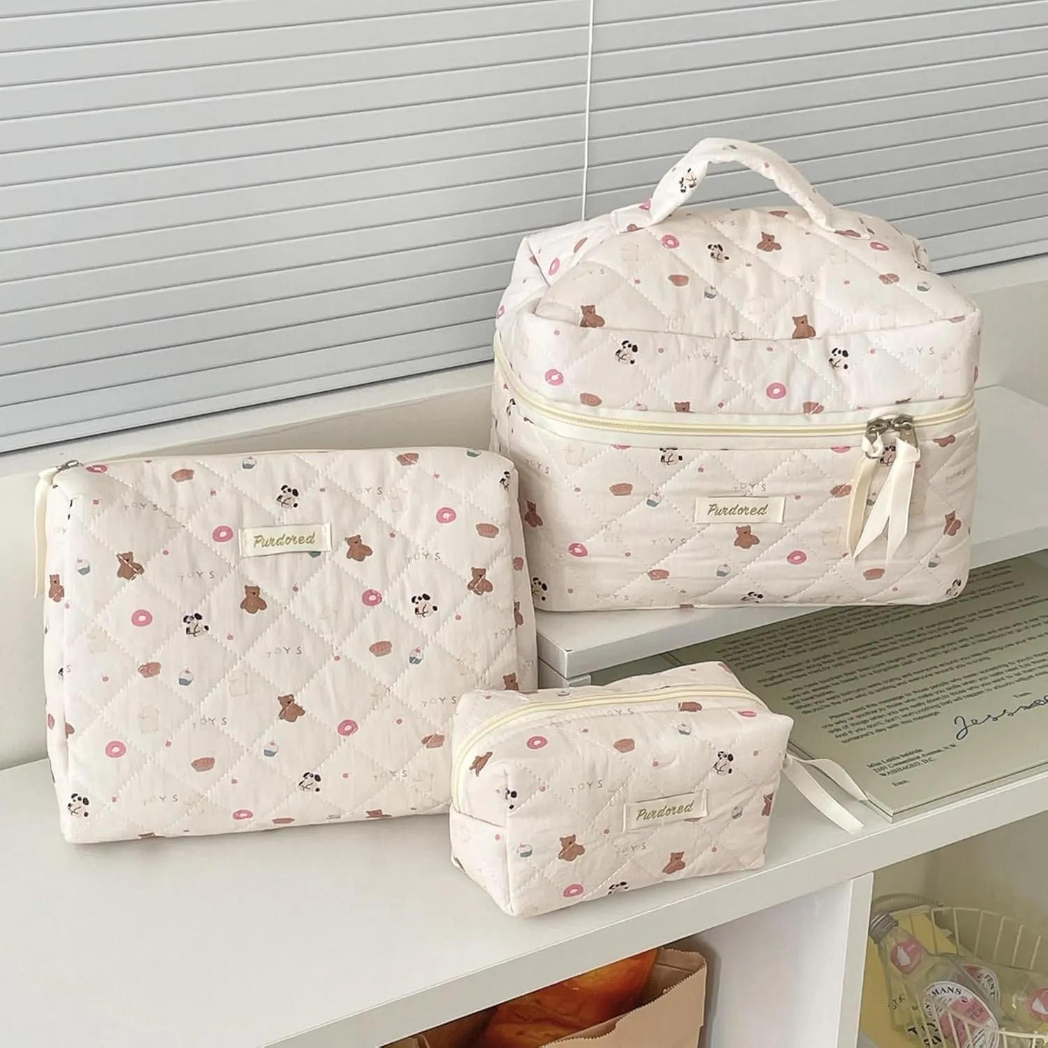 Set of 3 Floral Quilted Makeup Bags, Large, Medium & Small, Travel & Gift, Women's Cosmetic Bags