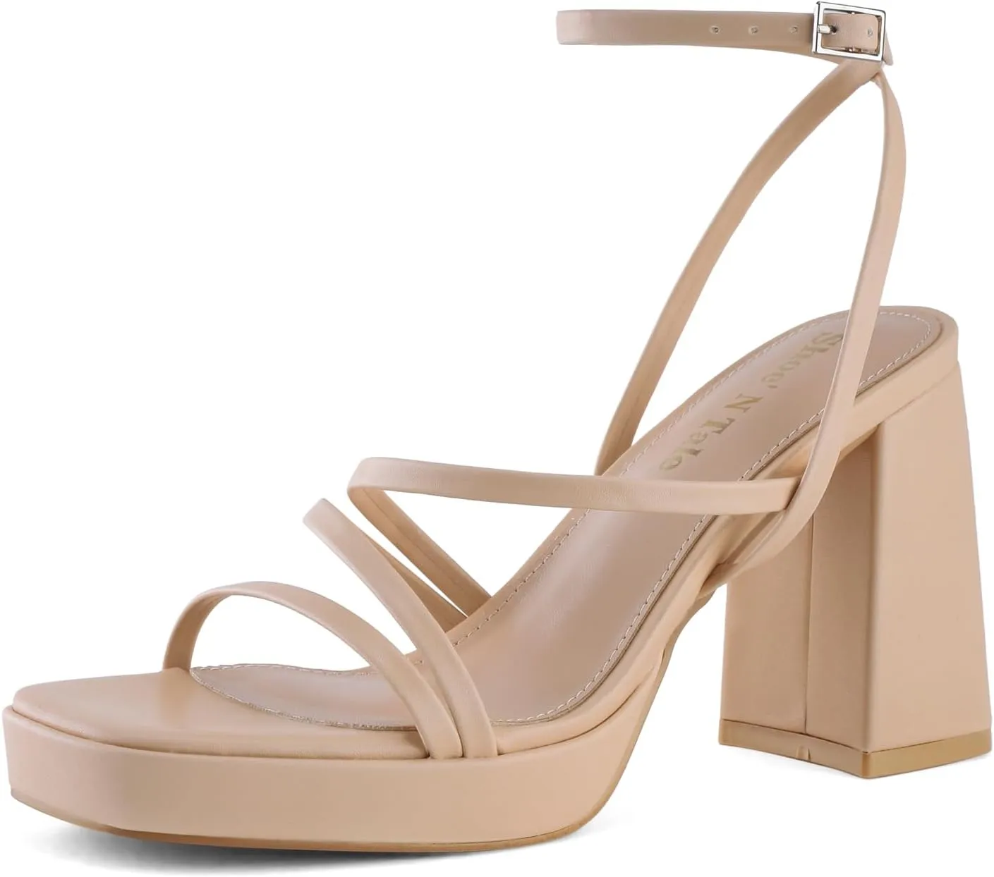 Shoe'N Tale Platform Heels for Women Strappy Block Chunky Heels Square Toe Ankle Buckle Sandals