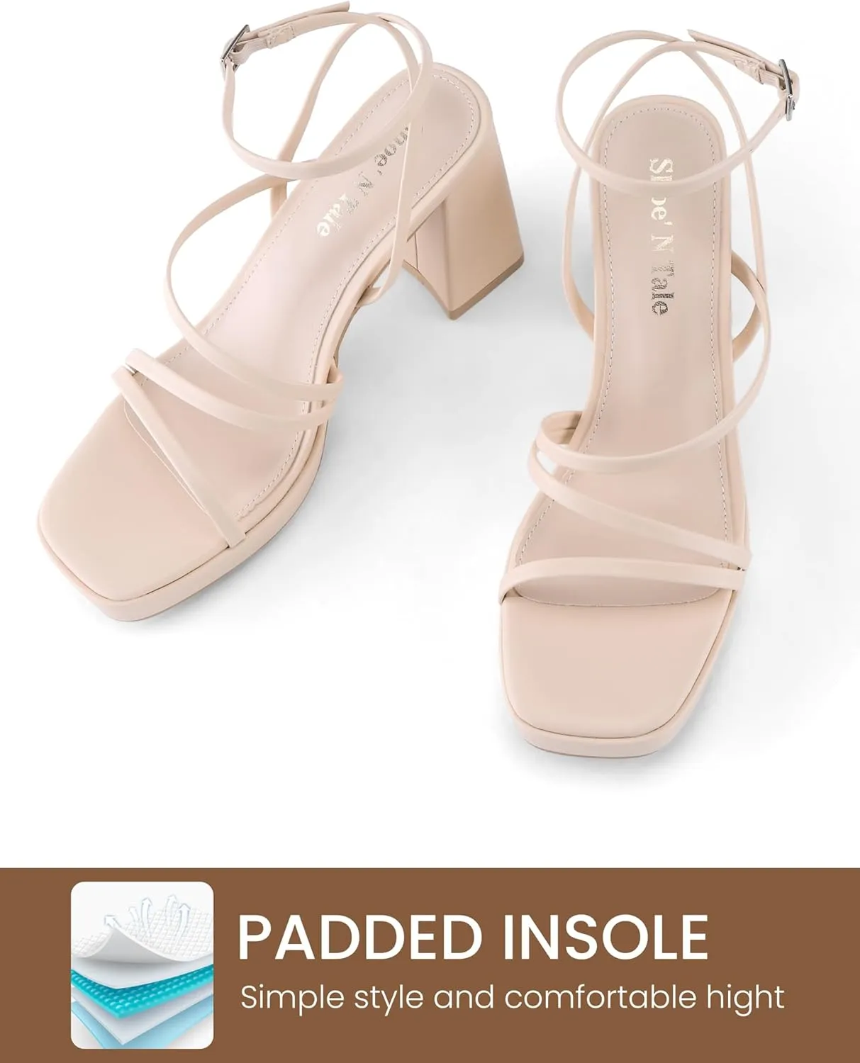 Shoe'N Tale Platform Heels for Women Strappy Block Chunky Heels Square Toe Ankle Buckle Sandals