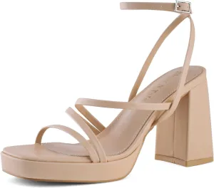 Shoe'N Tale Platform Heels for Women Strappy Block Chunky Heels Square Toe Ankle Buckle Sandals
