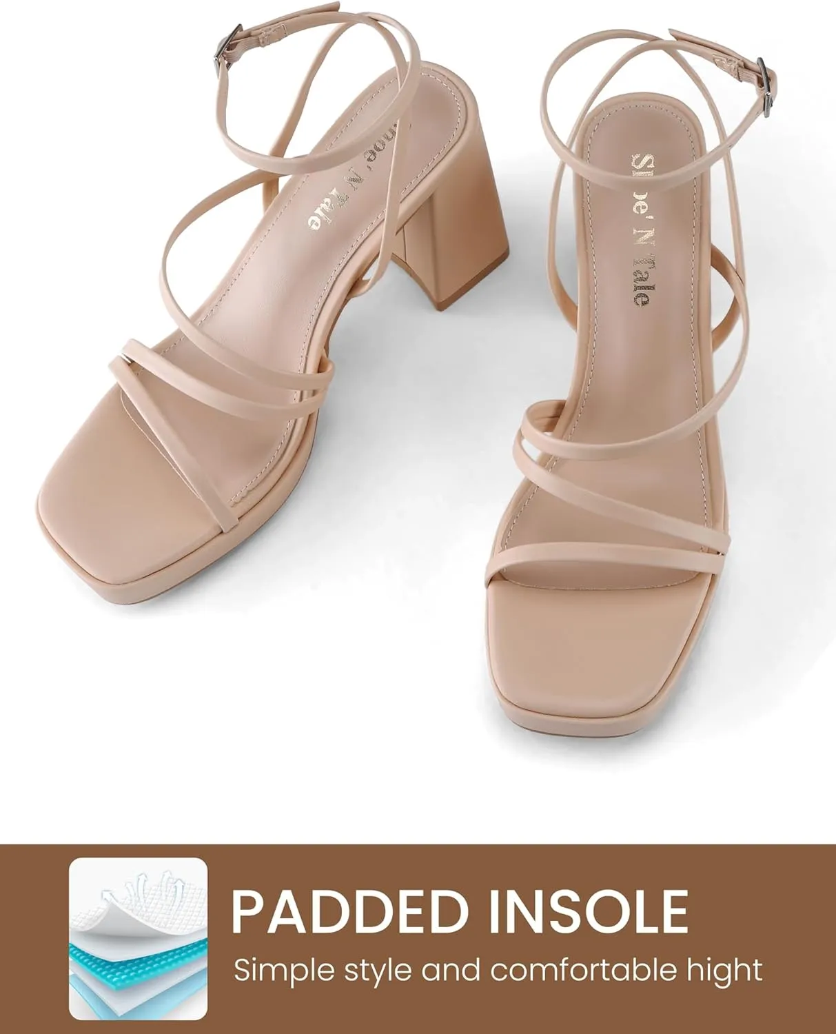 Shoe'N Tale Platform Heels for Women Strappy Block Chunky Heels Square Toe Ankle Buckle Sandals