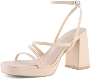 Shoe'N Tale Platform Heels for Women Strappy Block Chunky Heels Square Toe Ankle Buckle Sandals