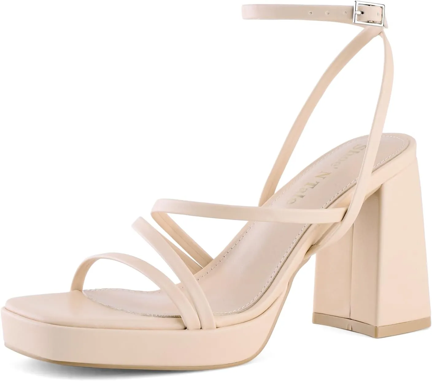 Shoe'N Tale Platform Heels for Women Strappy Block Chunky Heels Square Toe Ankle Buckle Sandals