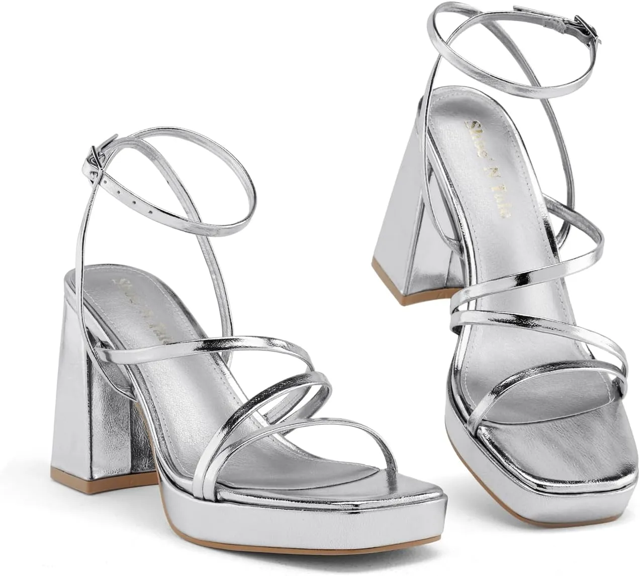 Shoe'N Tale Platform Heels for Women Strappy Block Chunky Heels Square Toe Ankle Buckle Sandals
