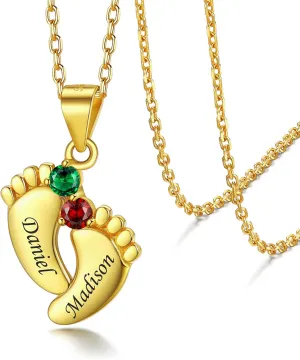 Silvora Sterling Silver Personalized Custom Baby Feet Necklace with Birthstone Great Mother Pendants Gift Packaging