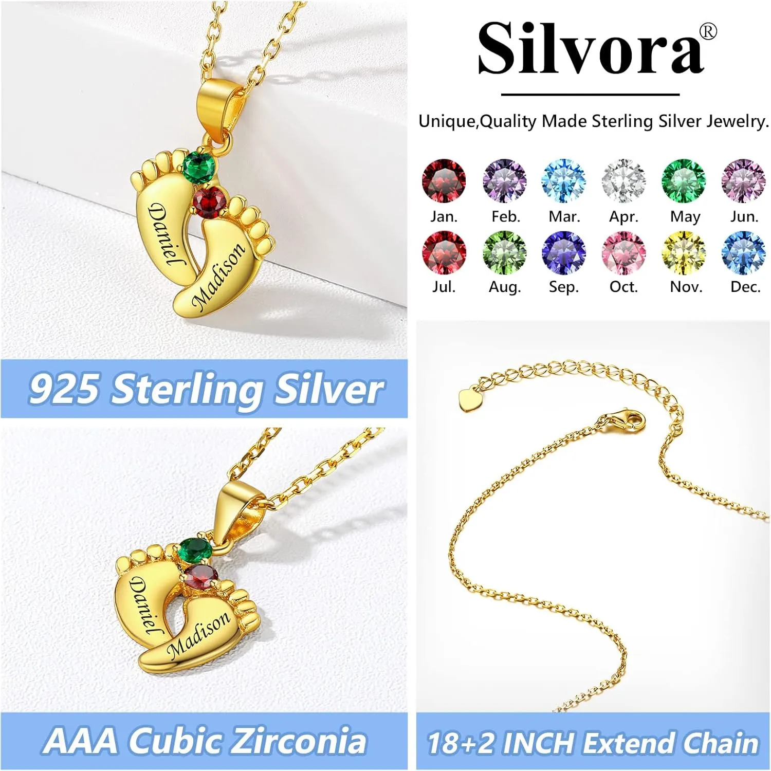 Silvora Sterling Silver Personalized Custom Baby Feet Necklace with Birthstone Great Mother Pendants Gift Packaging