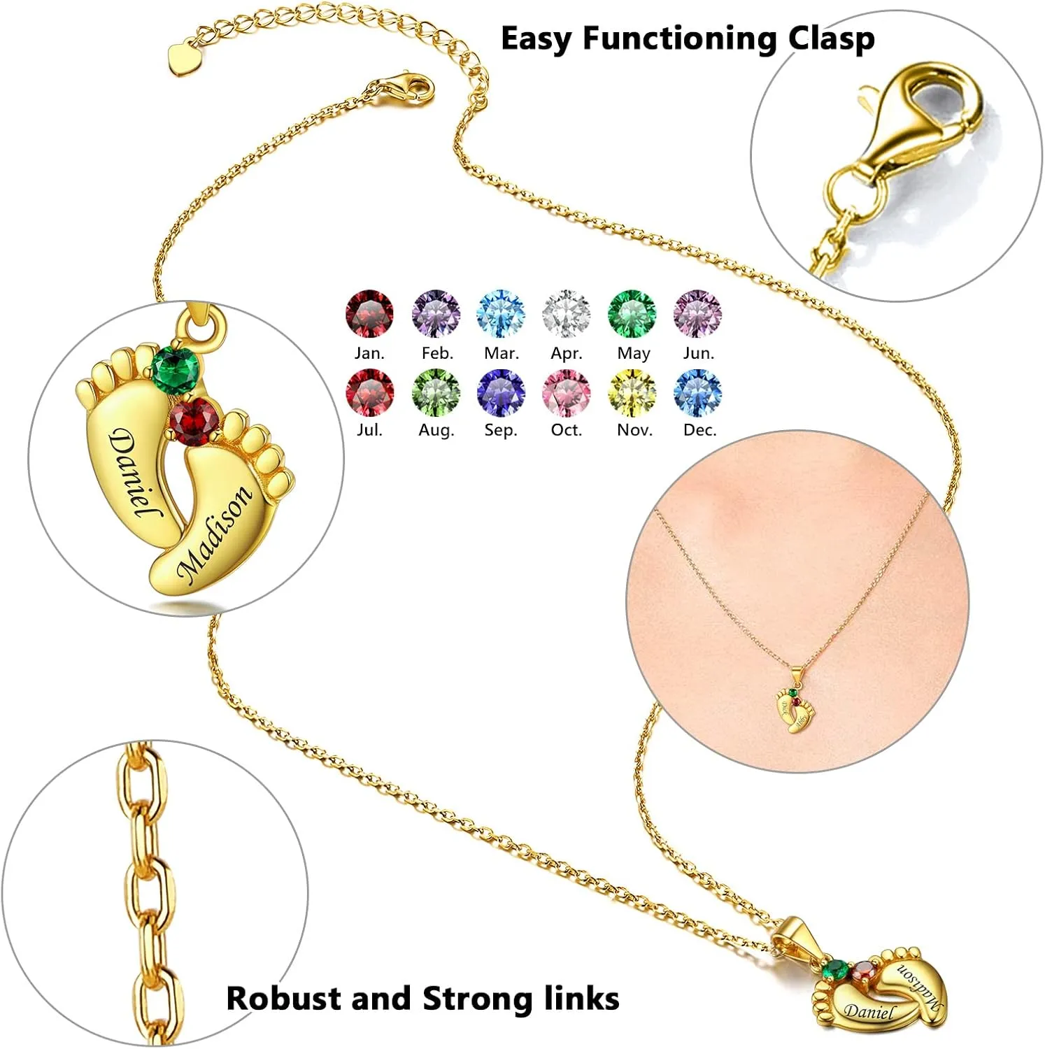 Silvora Sterling Silver Personalized Custom Baby Feet Necklace with Birthstone Great Mother Pendants Gift Packaging