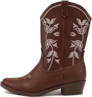 Soda INCH-2 Kids/Girls/Children Western Cowboy Stitched Pointe Toe Block Low Heel Ankle Mid Shaft Fashion Boots