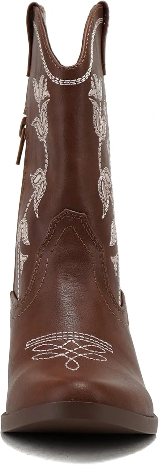 Soda INCH-2 Kids/Girls/Children Western Cowboy Stitched Pointe Toe Block Low Heel Ankle Mid Shaft Fashion Boots