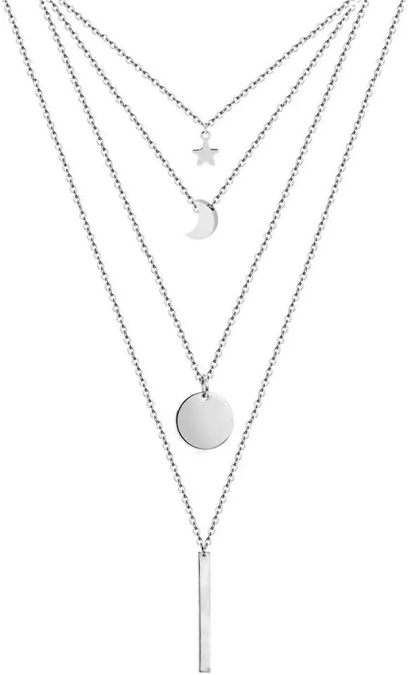 Stainless Steel Chain Round Coin Moon Bar Pendants Necklaces For Women Multi Layered Necklaces (Silver color- )