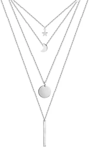 Stainless Steel Chain Round Coin Moon Bar Pendants Necklaces For Women Multi Layered Necklaces (Silver color- )