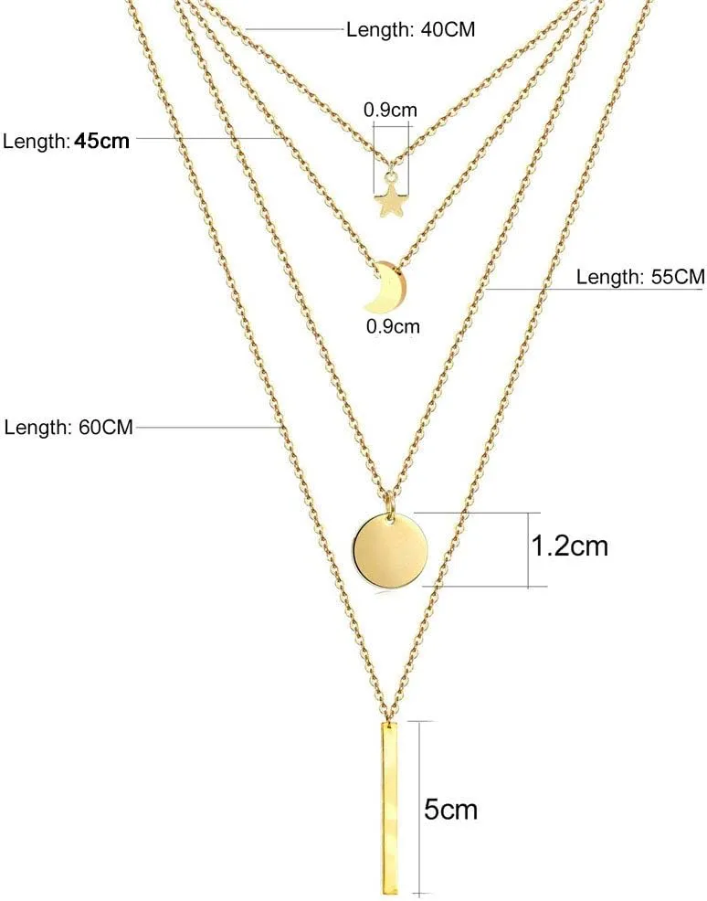 Stainless Steel Chain Round Coin Moon Bar Pendants Necklaces For Women Multi Layered Necklaces (Silver color- )