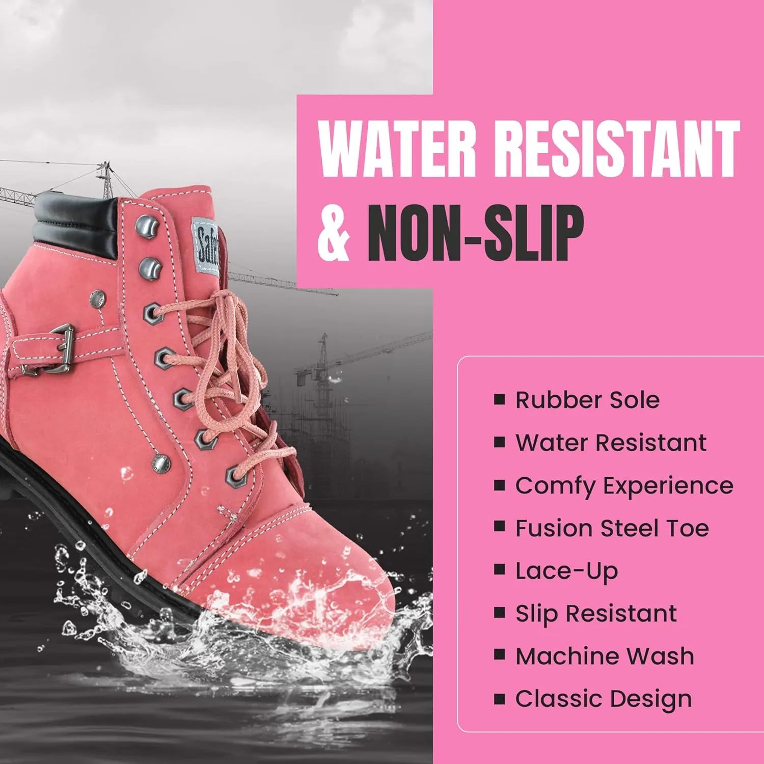 Steel Toe Boots for Women - Pink - 6.5M | Waterproof Women's Fusion Work Boots | Leather Work Boots | Rugged Goodyear Welt Construction | Oil Resistant Outsoles & Cushioned Insoles