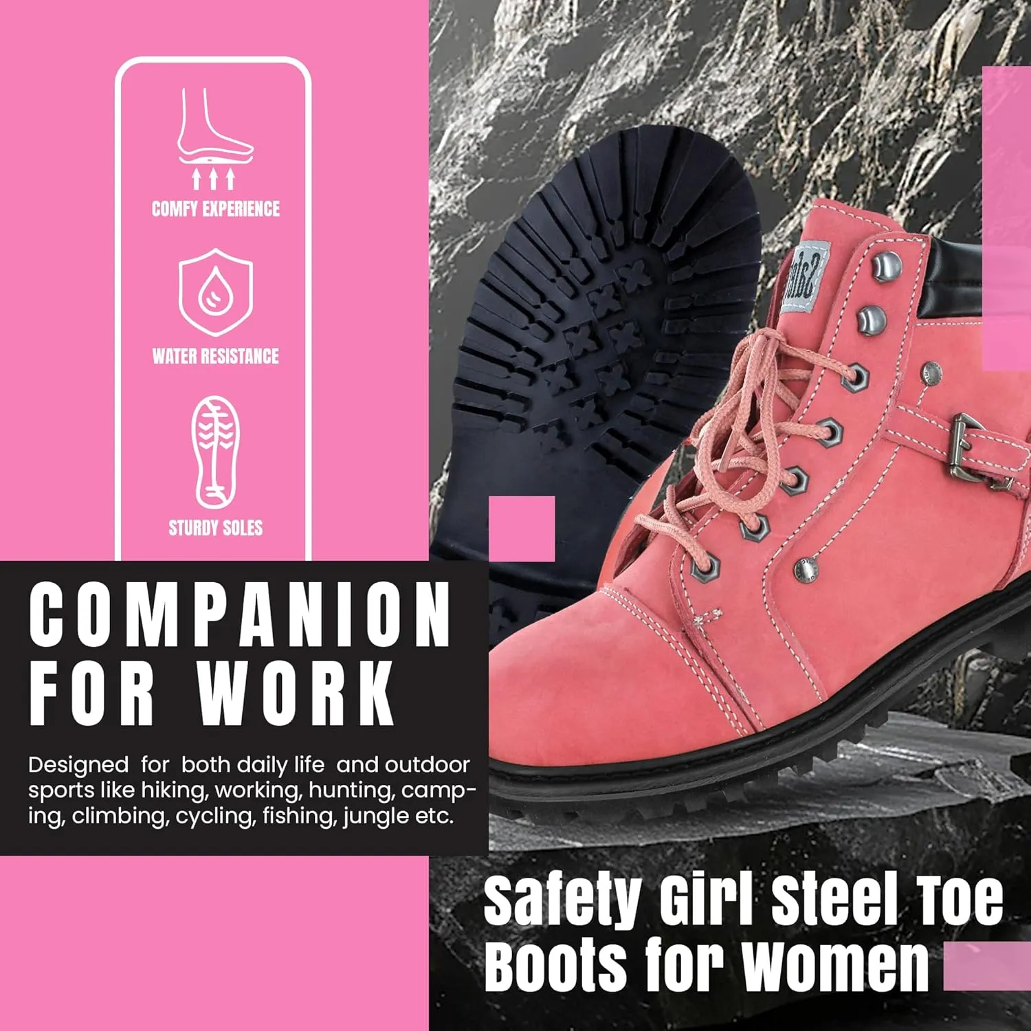 Steel Toe Boots for Women - Pink - 6.5M | Waterproof Women's Fusion Work Boots | Leather Work Boots | Rugged Goodyear Welt Construction | Oil Resistant Outsoles & Cushioned Insoles