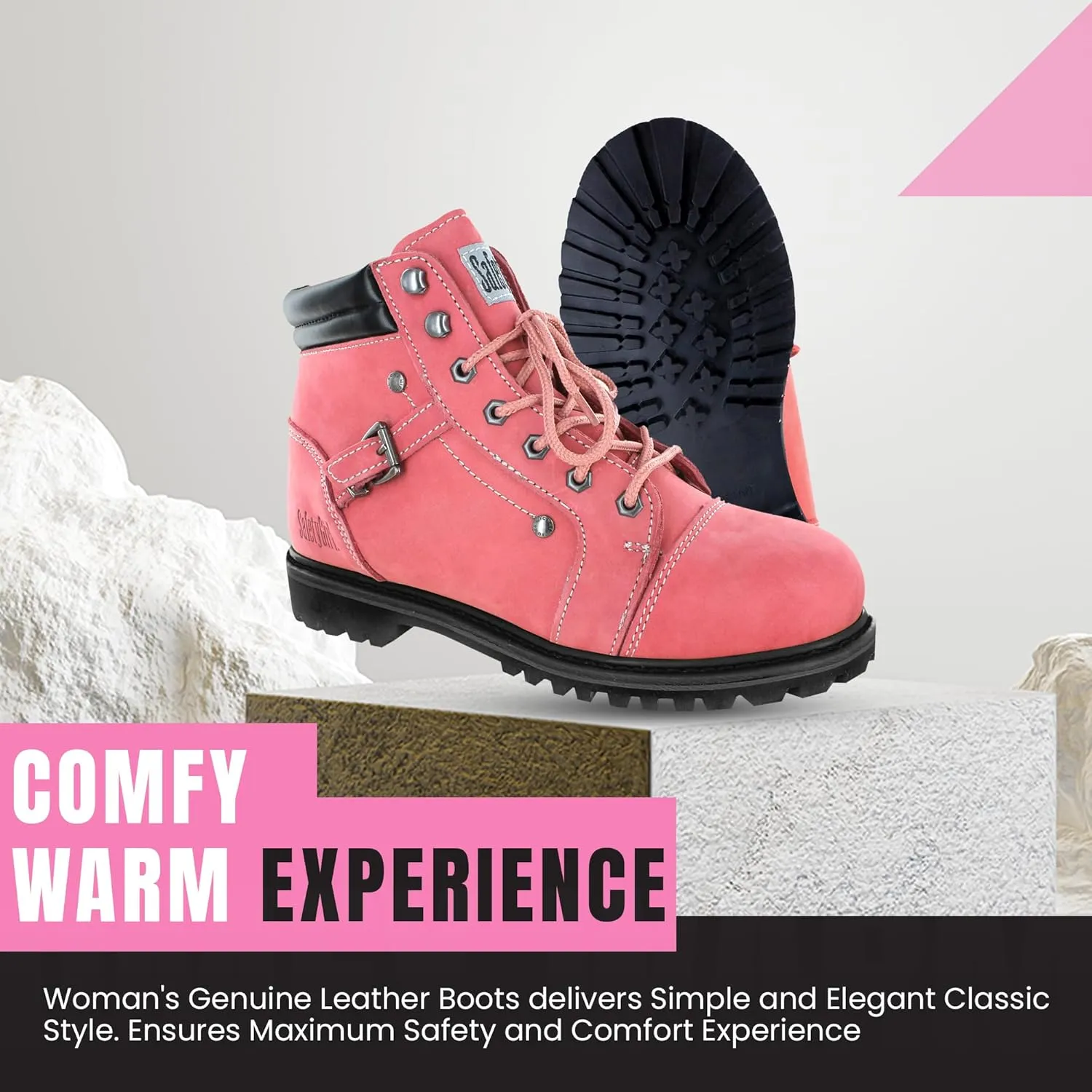 Steel Toe Boots for Women - Pink - 6.5M | Waterproof Women's Fusion Work Boots | Leather Work Boots | Rugged Goodyear Welt Construction | Oil Resistant Outsoles & Cushioned Insoles