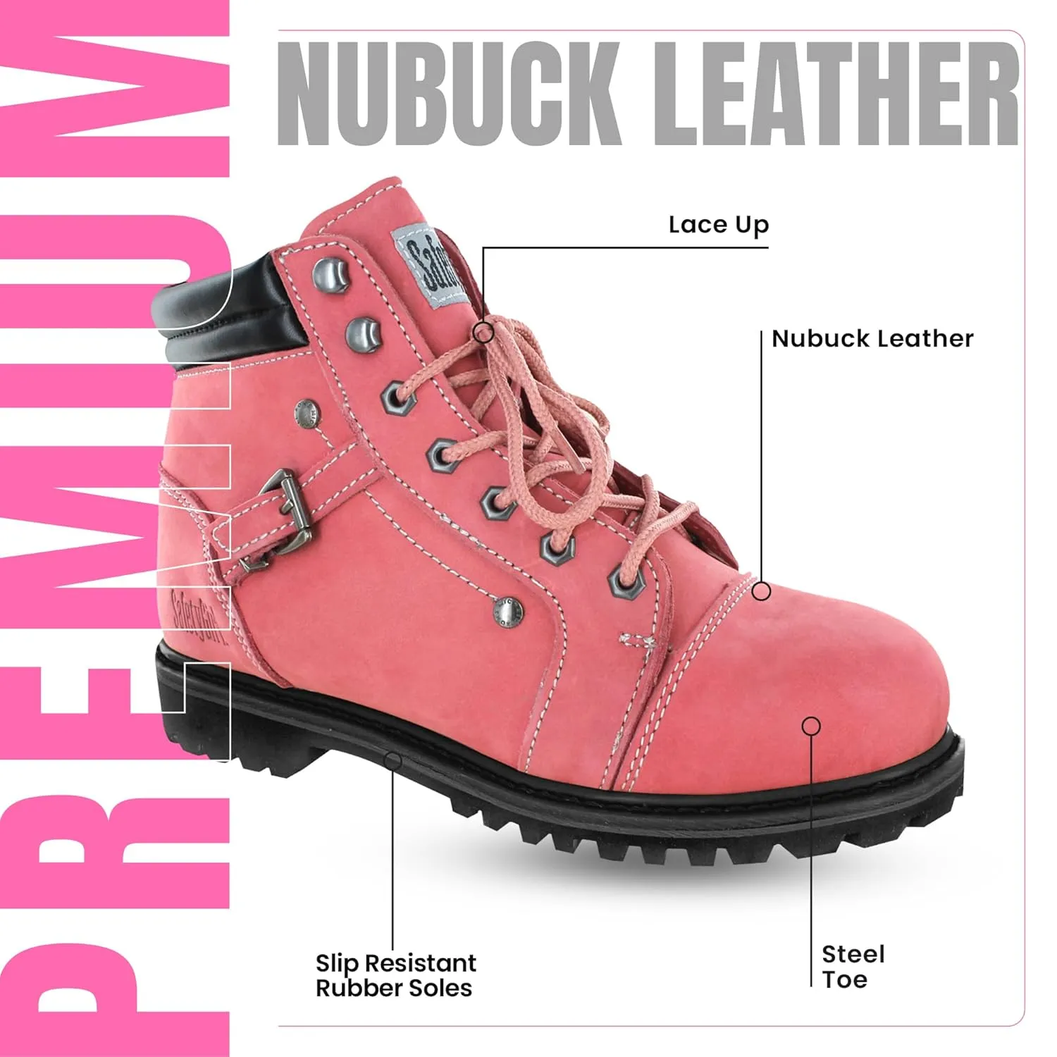 Steel Toe Boots for Women - Pink - 6.5M | Waterproof Women's Fusion Work Boots | Leather Work Boots | Rugged Goodyear Welt Construction | Oil Resistant Outsoles & Cushioned Insoles